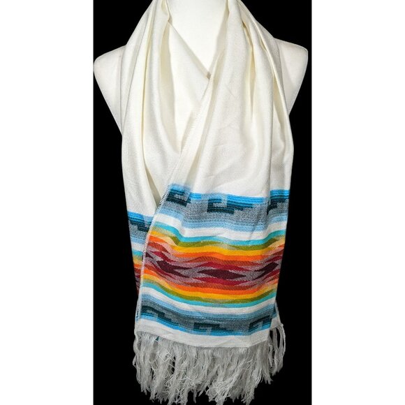 Handwoven Southwestern White And Rainbow Scarf With Fringe - Picture 4 of 8